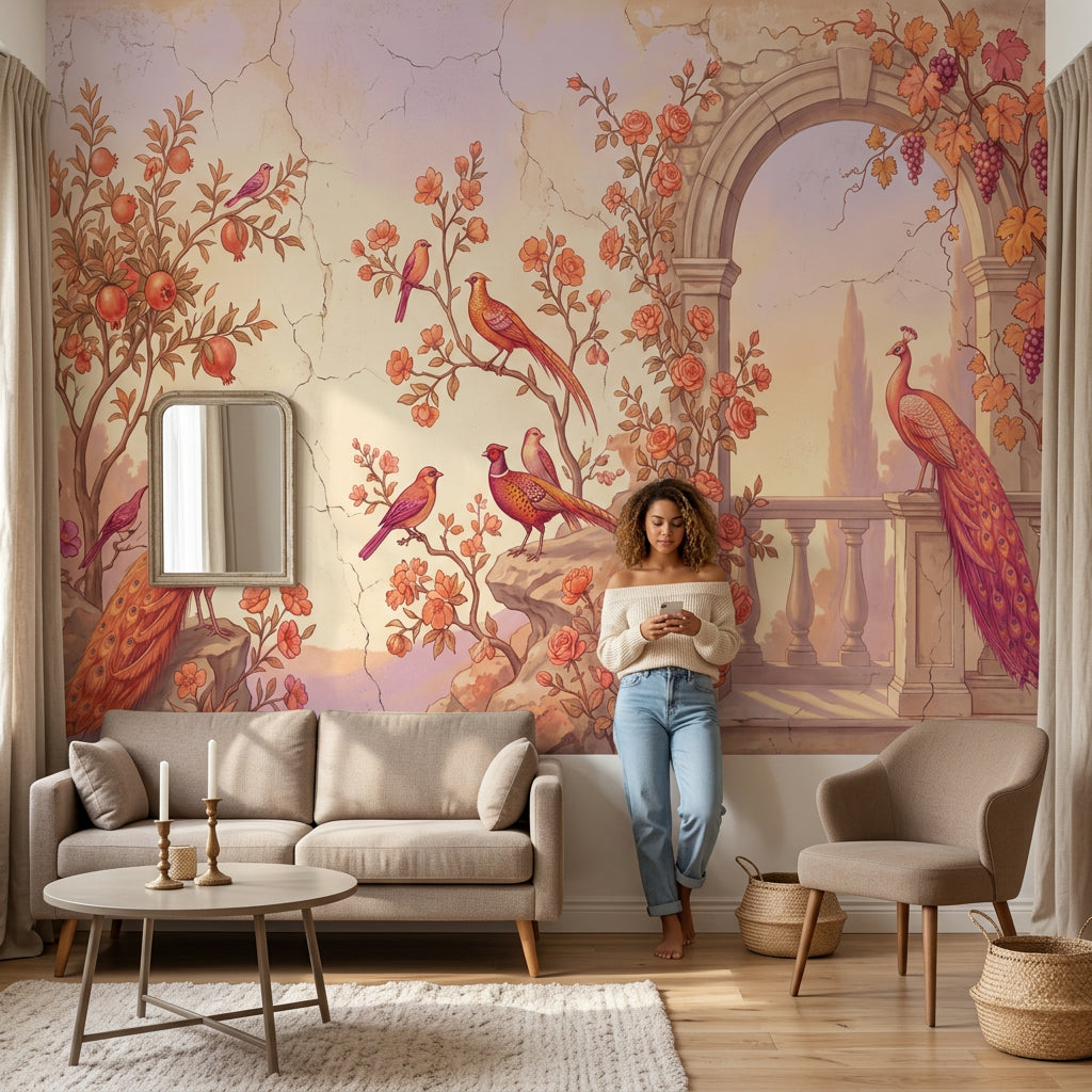 Kuşlu Çiçekli Poster Duvar Kağıdı Vintage Duvar Resmi Salon
