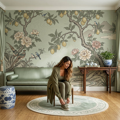 Limon Ağaçlı Kuşlu Poster Duvar Kağıdı Klasik Salon