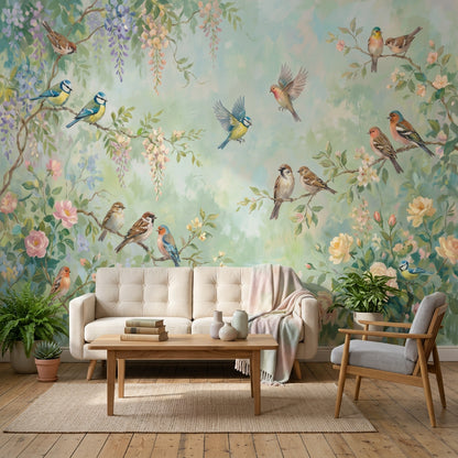 Kuş ve Çiçekli Poster Duvar Kağıdı Pastel Yeşil Salon