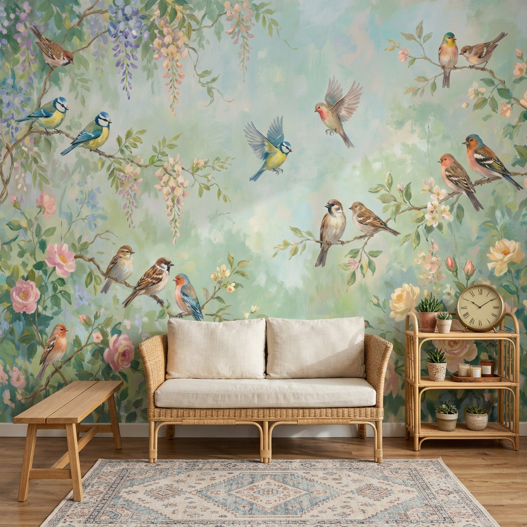 Kuş ve Çiçekli Poster Duvar Kağıdı Pastel Yeşil Salon
