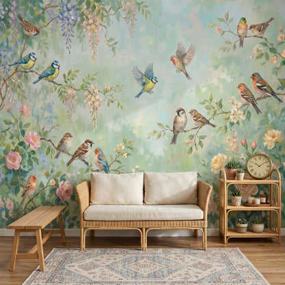 Kuş ve Çiçekli Poster Duvar Kağıdı Pastel Yeşil Salon