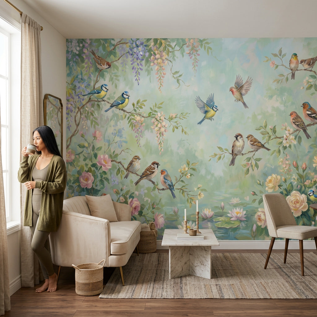 Kuş ve Çiçekli Poster Duvar Kağıdı Pastel Yeşil Salon