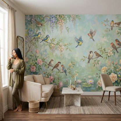 Kuş ve Çiçekli Poster Duvar Kağıdı Pastel Yeşil Salon
