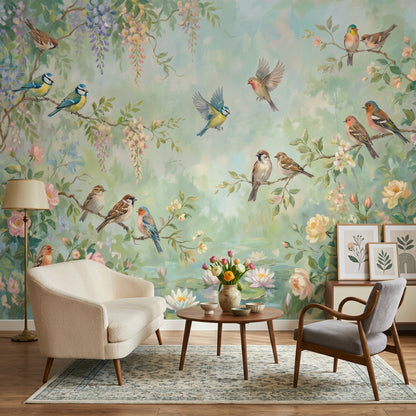 Kuş ve Çiçekli Poster Duvar Kağıdı Pastel Yeşil Salon