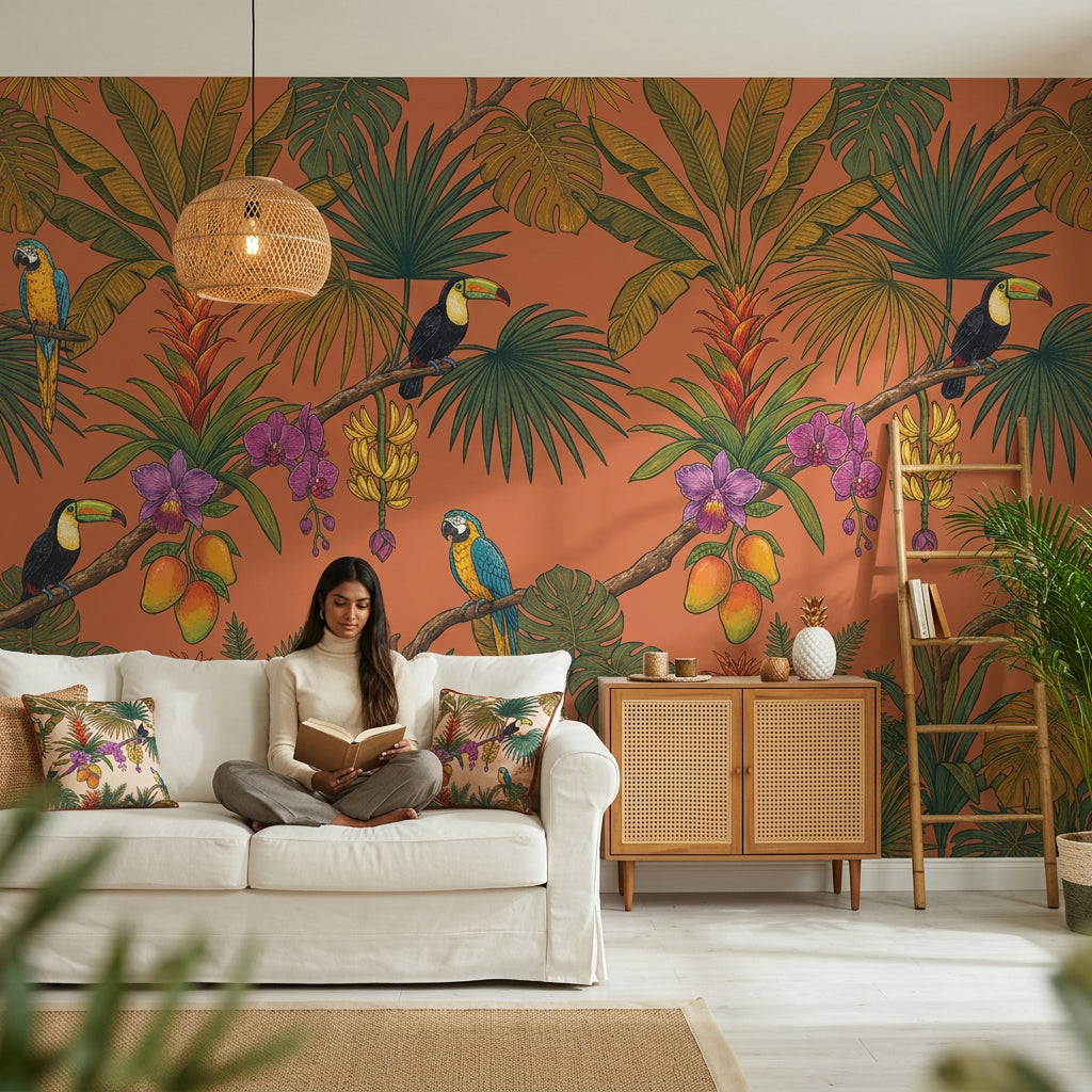 Tropikal Kuş ve Yapraklı Poster Duvar Kağıdı Terracotta Salon