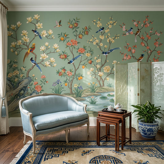 Kuşlu Çiçekli Poster Duvar Kağıdı Yeşil Chinoiserie Salon