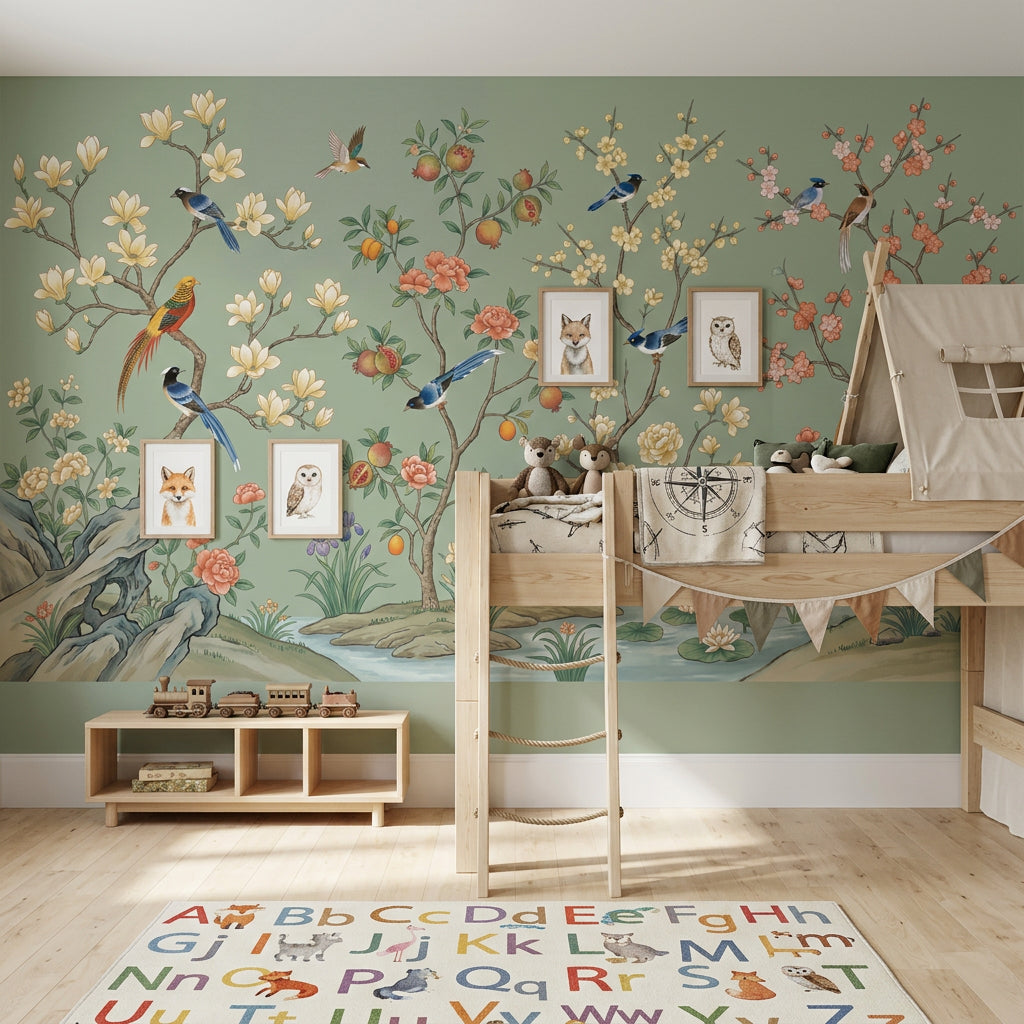 Kuşlu Çiçekli Poster Duvar Kağıdı Yeşil Chinoiserie Salon