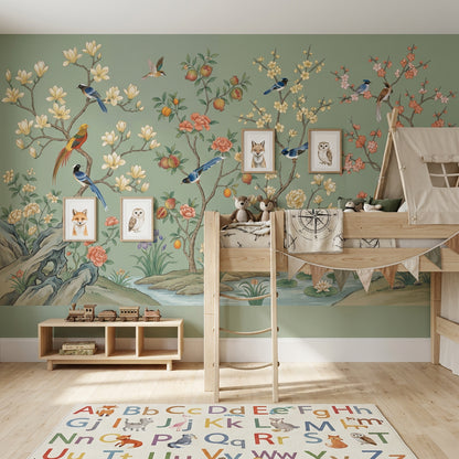 Kuşlu Çiçekli Poster Duvar Kağıdı Yeşil Chinoiserie Salon