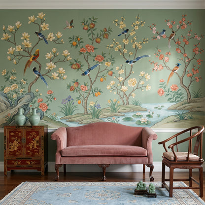Kuşlu Çiçekli Poster Duvar Kağıdı Yeşil Chinoiserie Salon
