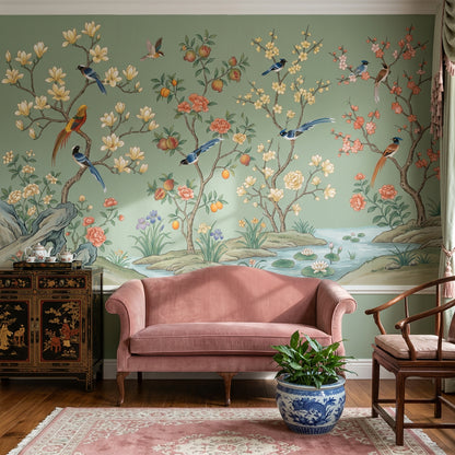Kuşlu Çiçekli Poster Duvar Kağıdı Yeşil Chinoiserie Salon