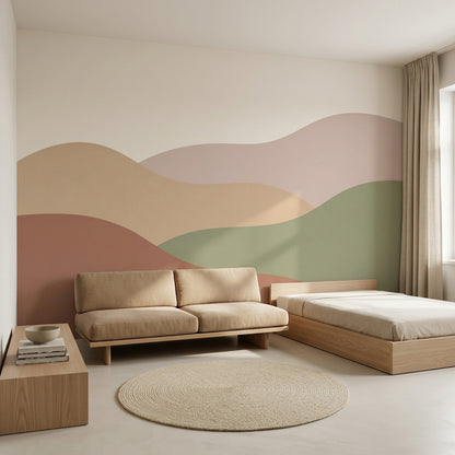 Pastel Dalgalı Soyut Poster Duvar Kağıdı Bej Tonlu Salon