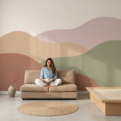 Pastel Dalgalı Soyut Poster Duvar Kağıdı Bej Tonlu Salon