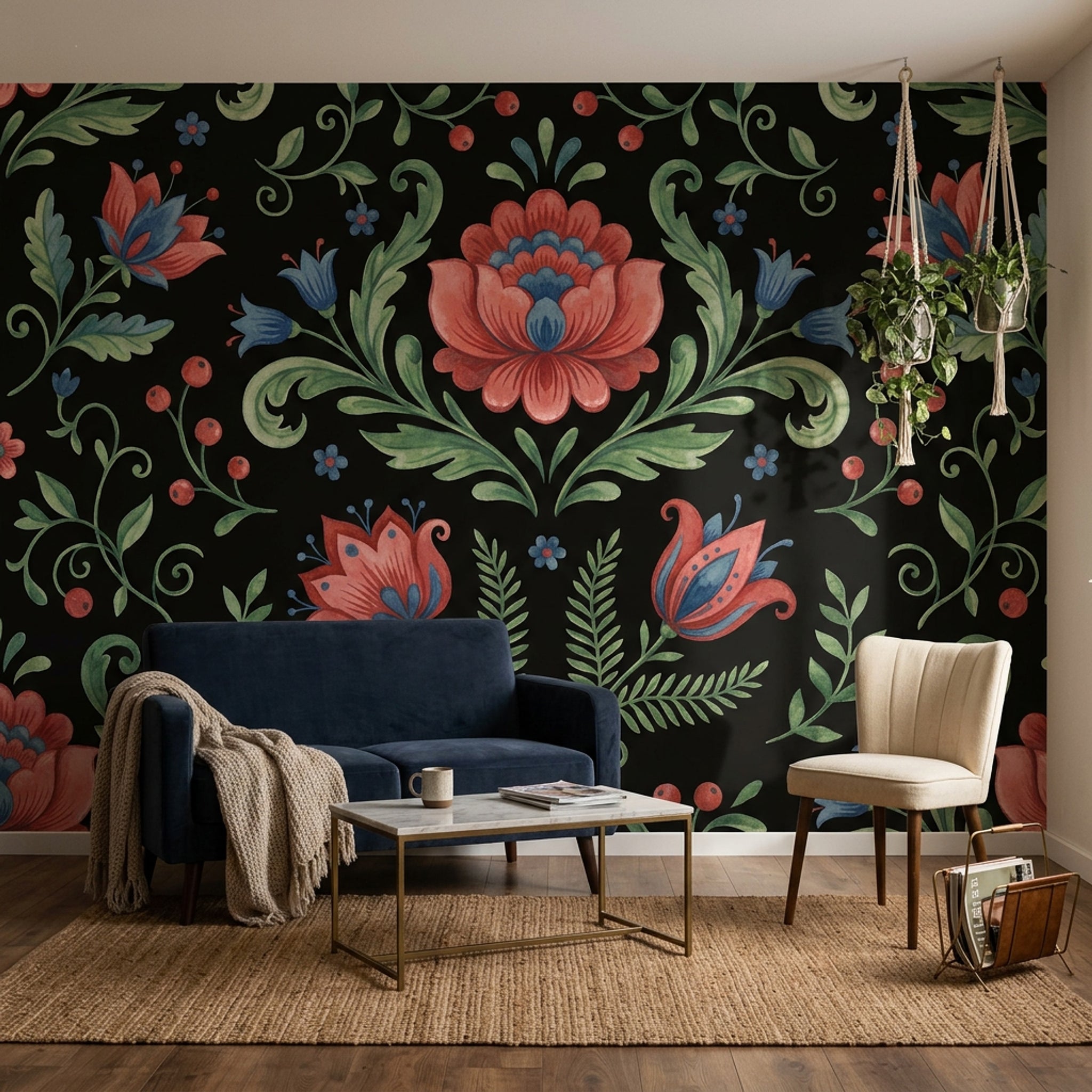 Folk Çiçek Desenli Poster Duvar Kağıdı Siyah Zemin Salon