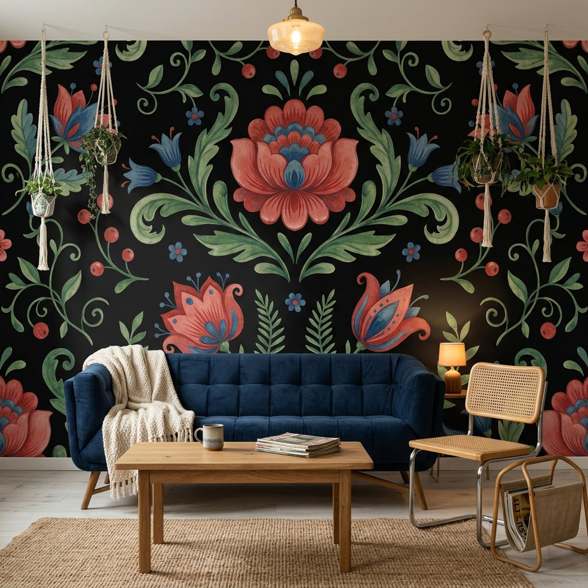 Folk Çiçek Desenli Poster Duvar Kağıdı Siyah Zemin Salon