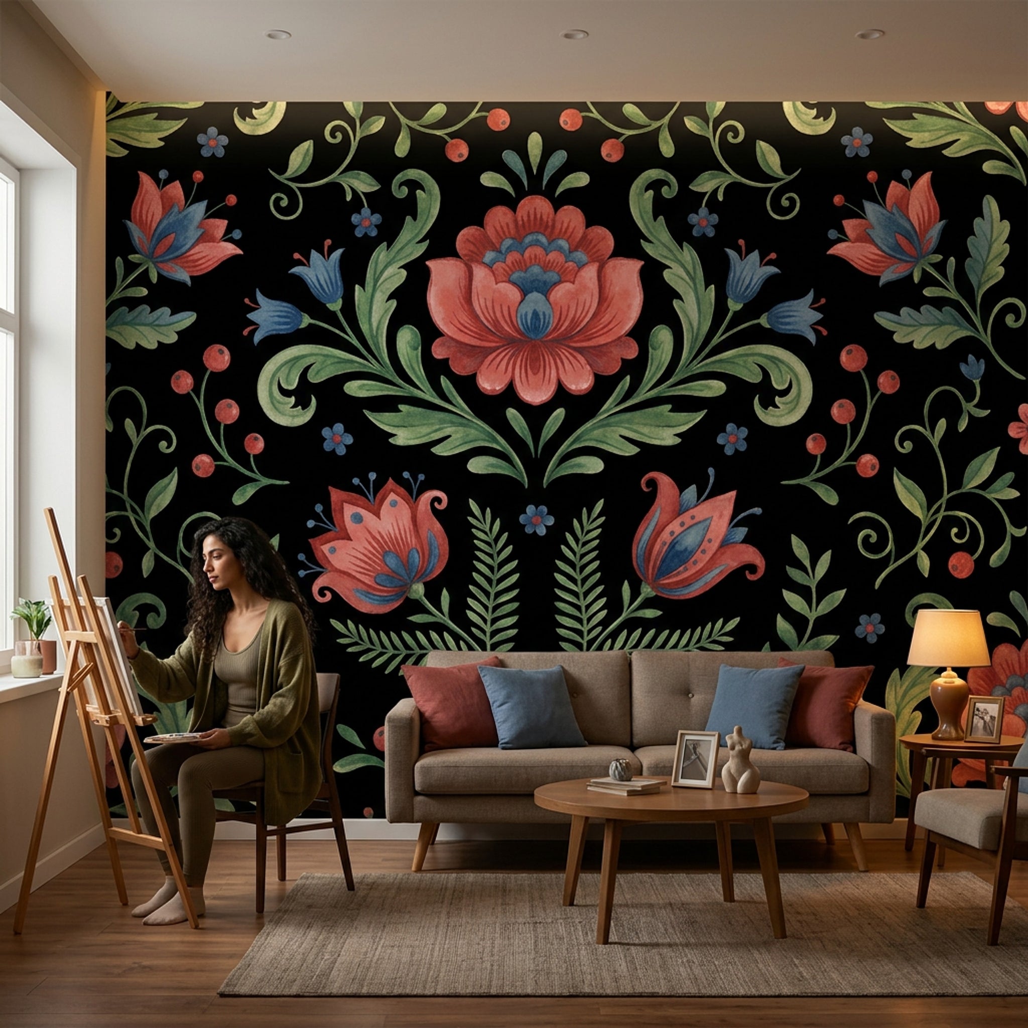 Folk Çiçek Desenli Poster Duvar Kağıdı Siyah Zemin Salon