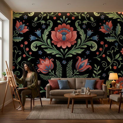 Folk Çiçek Desenli Poster Duvar Kağıdı Siyah Zemin Salon