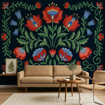 Etnik Çiçek Desenli Poster Duvar Kağıdı Lacivert Salon