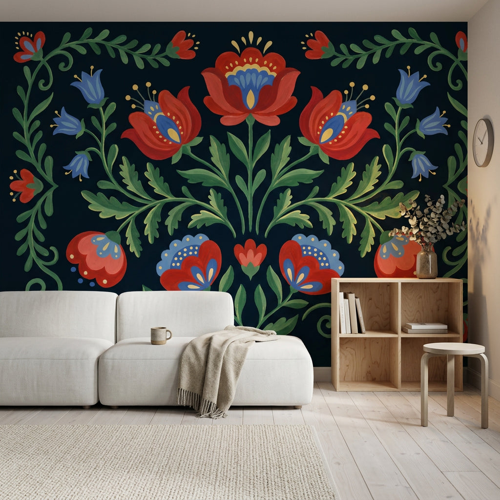 Etnik Çiçek Desenli Poster Duvar Kağıdı Lacivert Salon
