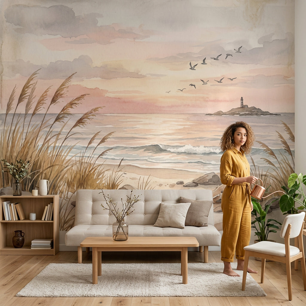 Suluboya Sahil Manzaralı Poster Duvar Kağıdı Pastel Gün Batımı