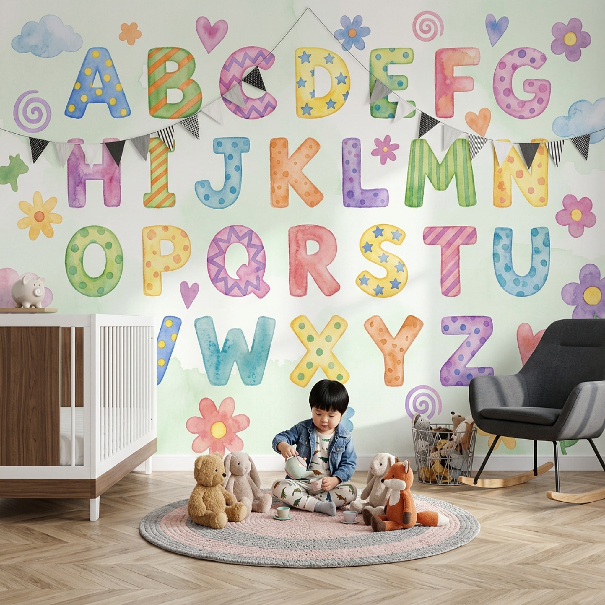 Harfli Poster Duvar Kağıdı Pastel Renkli Çocuk Odası