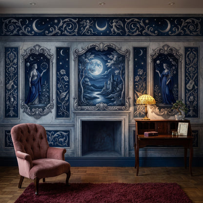 Ay ve Kale Manzaralı Poster Duvar Kağıdı Lacivert Klasik Salon