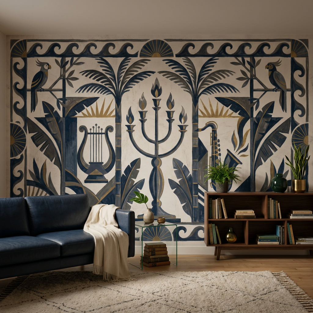 Art Deco Müzik Temalı Poster Duvar Kağıdı Lacivert Bej Salon
