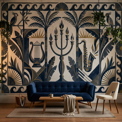 Art Deco Müzik Temalı Poster Duvar Kağıdı Lacivert Bej Salon