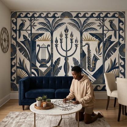 Art Deco Müzik Temalı Poster Duvar Kağıdı Lacivert Bej Salon