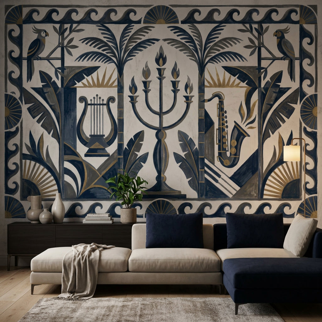 Art Deco Müzik Temalı Poster Duvar Kağıdı Lacivert Bej Salon