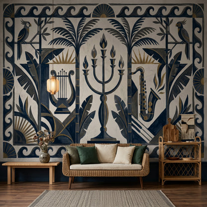 Art Deco Müzik Temalı Poster Duvar Kağıdı Lacivert Bej Salon