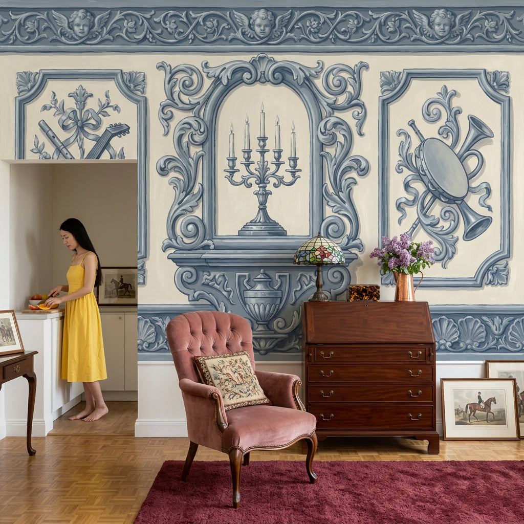 Klasik Barok Motifli Poster Duvar Kağıdı Mavi Salon Duvarı