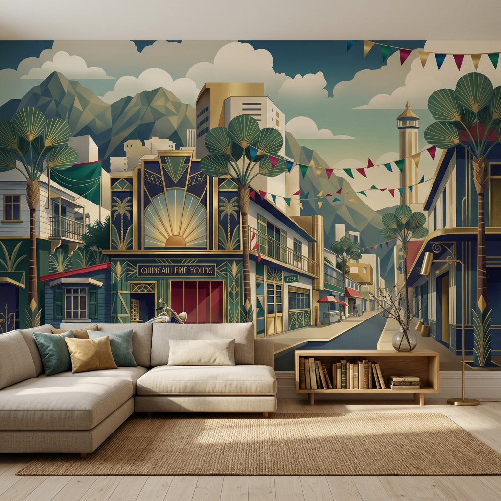 Art Deco Şehir Manzaralı Poster Duvar Kağıdı Lacivert Altın Salon