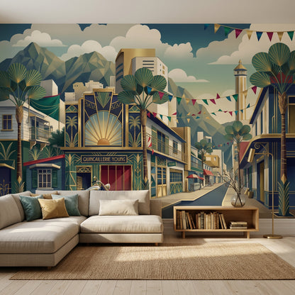 Art Deco Şehir Manzaralı Poster Duvar Kağıdı Lacivert Altın Salon