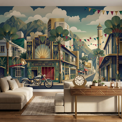 Art Deco Şehir Manzaralı Poster Duvar Kağıdı Lacivert Altın Salon