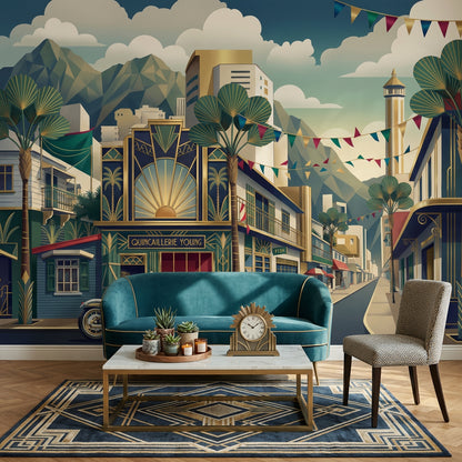 Art Deco Şehir Manzaralı Poster Duvar Kağıdı Lacivert Altın Salon