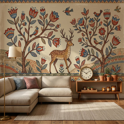 Geyik ve Kuşlu Poster Duvar Kağıdı Etnik Desenli Bej