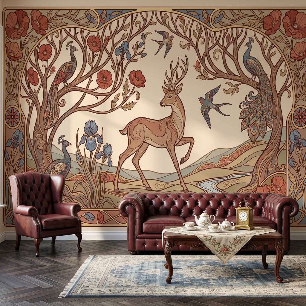Art Nouveau Geyik ve Tavuskuşu Poster Duvar Kağıdı Salon