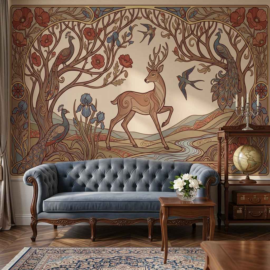 Art Nouveau Geyik ve Tavuskuşu Poster Duvar Kağıdı Salon