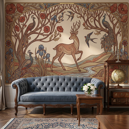Art Nouveau Geyik ve Tavuskuşu Poster Duvar Kağıdı Salon