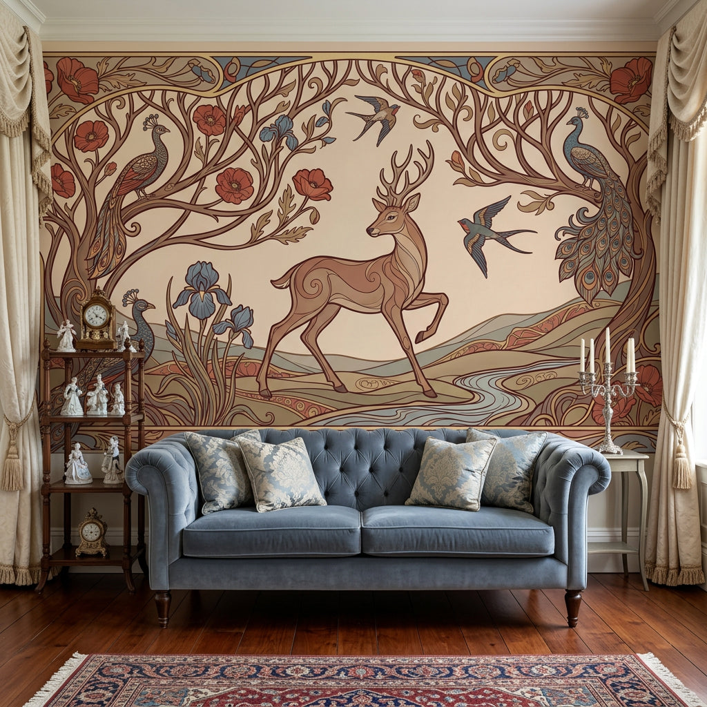 Art Nouveau Geyik ve Tavuskuşu Poster Duvar Kağıdı Salon