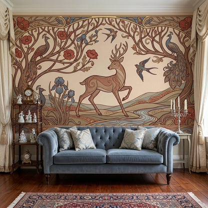 Art Nouveau Geyik ve Tavuskuşu Poster Duvar Kağıdı Salon