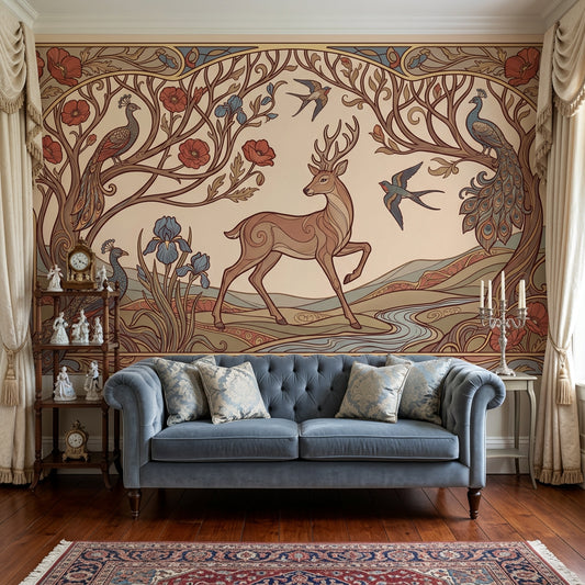 Art Nouveau Geyik ve Tavuskuşu Poster Duvar Kağıdı Salon