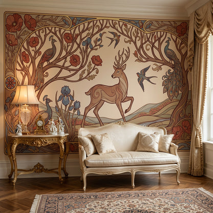 Art Nouveau Geyik ve Tavuskuşu Poster Duvar Kağıdı Salon