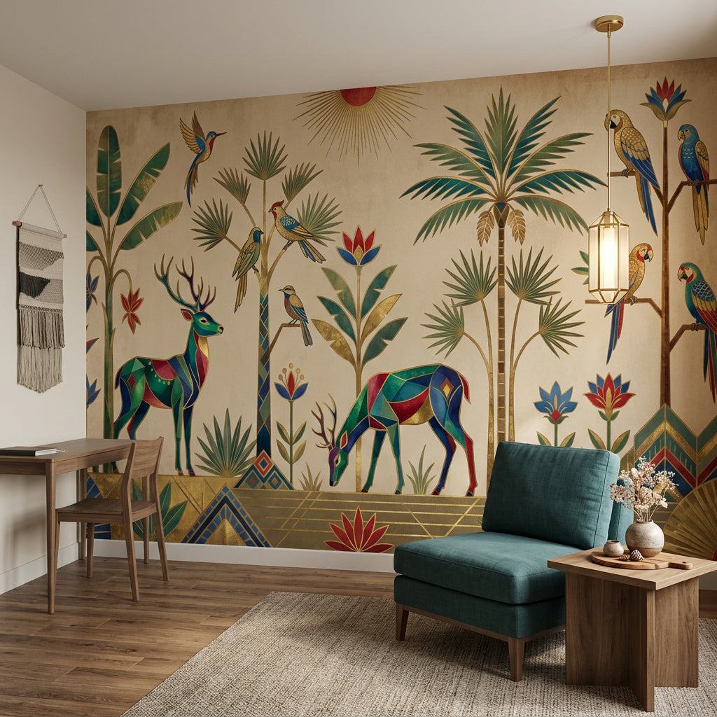 Geometrik Geyikli Poster Duvar Kağıdı Tropikal Kuşlu Salon Duvarı