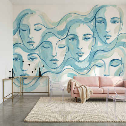 Soyut Yüz Çizimli Poster Duvar Kağıdı Mavi Modern Salon