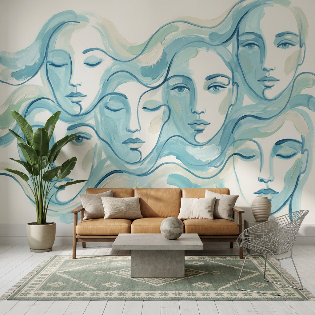 Soyut Yüz Çizimli Poster Duvar Kağıdı Mavi Modern Salon