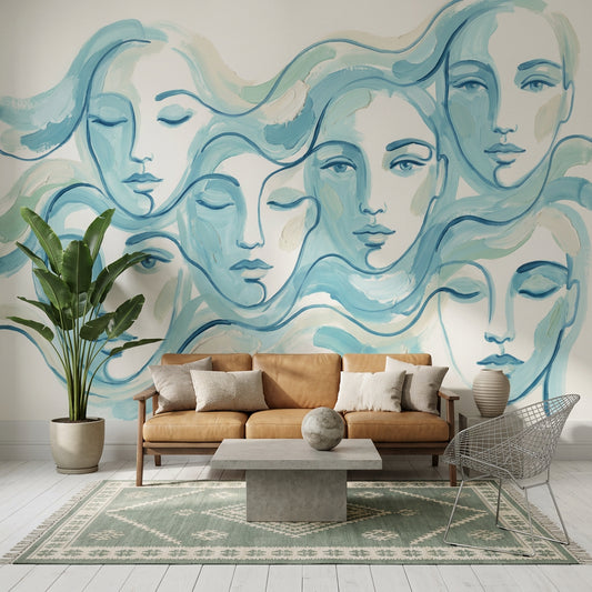 Soyut Yüz Çizimli Poster Duvar Kağıdı Mavi Modern Salon