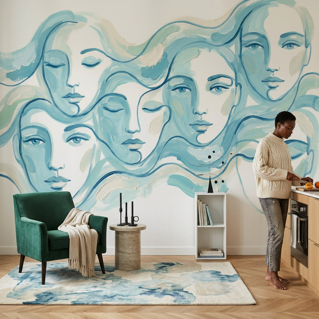 Soyut Yüz Çizimli Poster Duvar Kağıdı Mavi Modern Salon