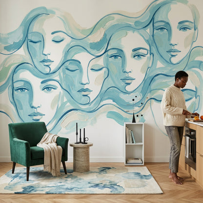 Soyut Yüz Çizimli Poster Duvar Kağıdı Mavi Modern Salon