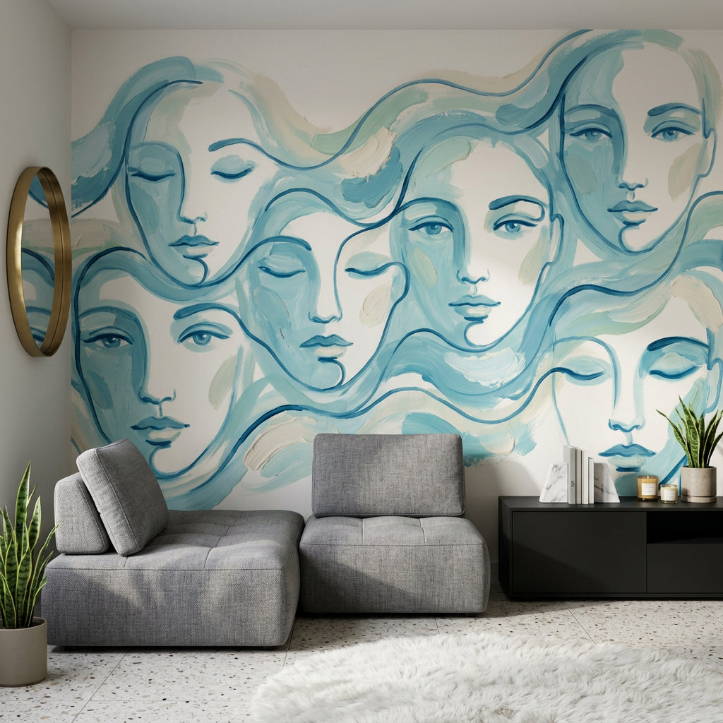 Soyut Yüz Çizimli Poster Duvar Kağıdı Mavi Modern Salon